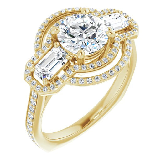 10K Yellow Gold Customizable Enhanced 3-stone Style with Round Cut Center, Emerald Cut Accents, Double Halo and Thin Shared Prong Band