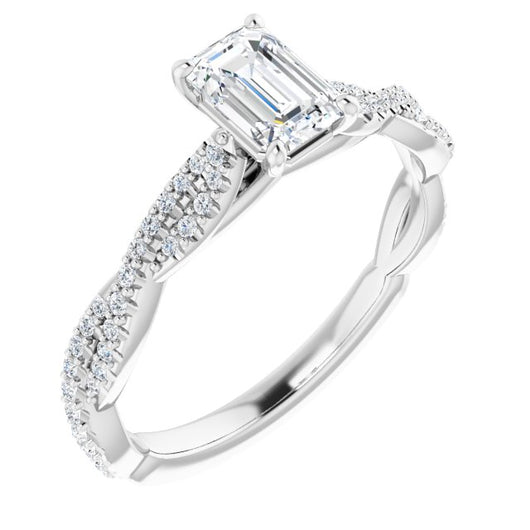 10K White Gold Customizable Emerald/Radiant Cut Style with Thin and Twisted Micropavé Band