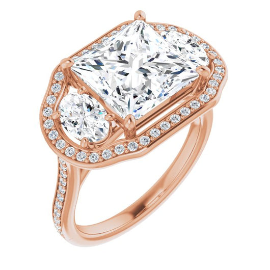 10K Rose Gold Customizable Princess/Square Cut Style with Oval Cut Accents, 3-stone Halo & Thin Shared Prong Band