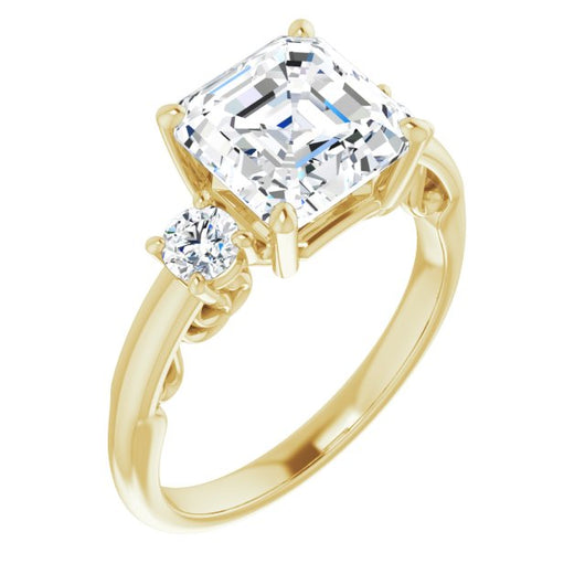 10K Yellow Gold Customizable Asscher Cut 3-stone Style featuring Heart-Motif Band Enhancement