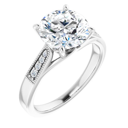 10K White Gold Customizable 9-stone Vintage Design with Round Cut Center and Round Band Accents