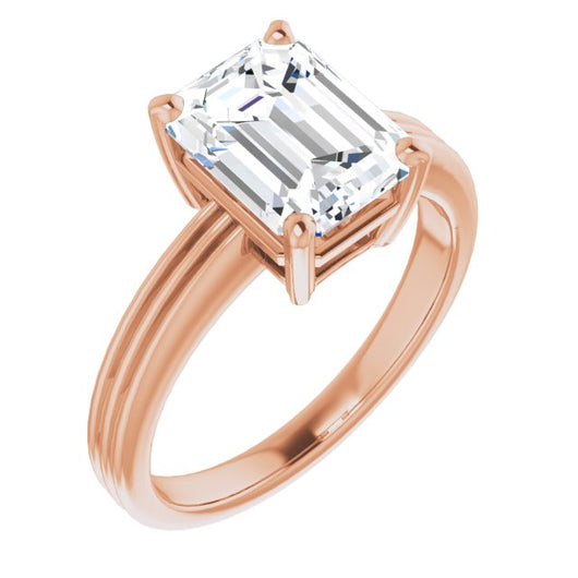 10K Rose Gold Customizable Emerald/Radiant Cut Solitaire with Double-Grooved Band