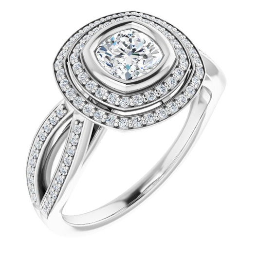 10K White Gold Customizable Bezel-set Cushion Cut Style with Double Halo and Split Shared Prong Band