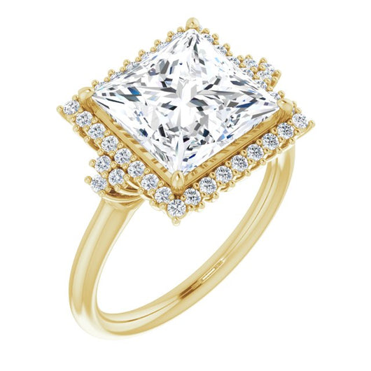 10K Yellow Gold Customizable Princess/Square Cut Cathedral-Halo Design with Tri-Cluster Round Accents