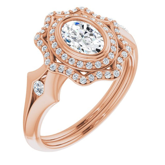 10K Rose Gold Customizable Cathedral-bezel Oval Cut Design with Floral Double Halo and Channel-Accented Split Band