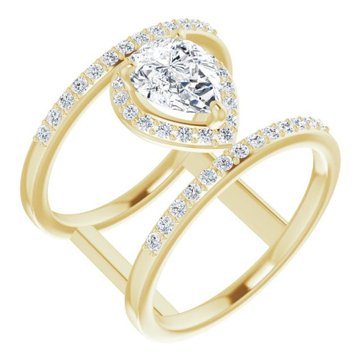 10K Yellow Gold Customizable Pear Cut Halo Design with Open, Ultrawide Harness Double Pavé Band