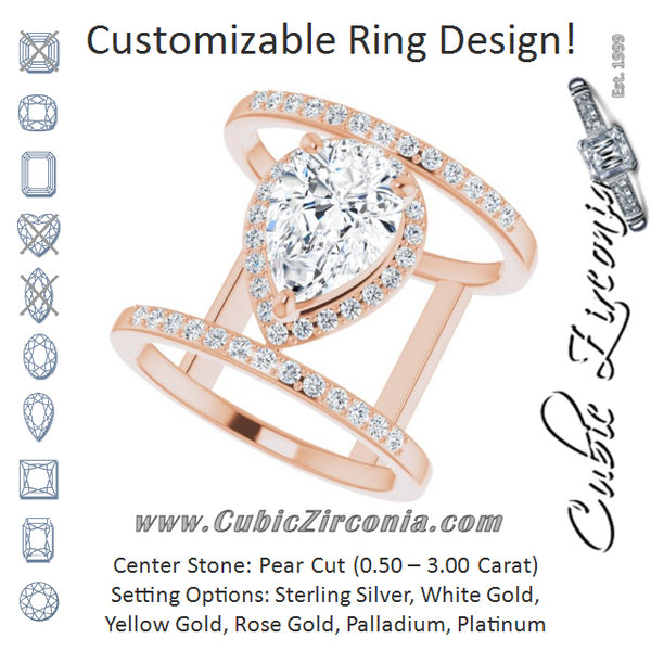 Cubic Zirconia Engagement Ring- The Jersey (Customizable Pear Cut Halo Design with Open, Ultrawide Harness Double Pavé Band)