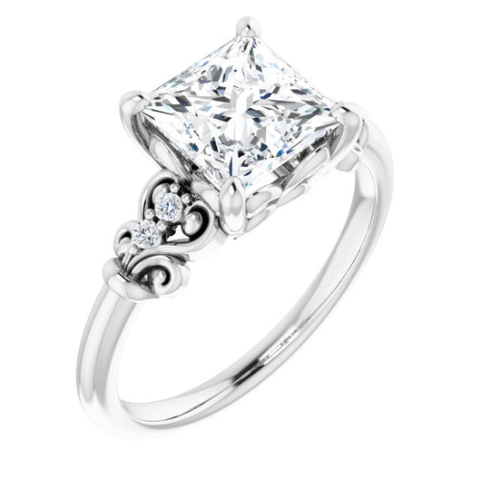 10K White Gold Customizable Vintage 5-stone Design with Princess/Square Cut Center and Artistic Band Décor