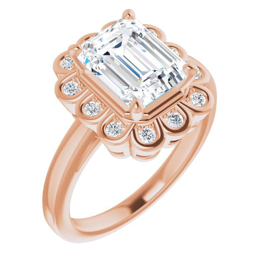 10K Rose Gold Customizable 9-stone Emerald/Radiant Cut Design with Round Bezel Side Stones