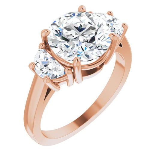 10K Rose Gold Customizable 3-stone Design with Round Cut Center and Half-moon Side Stones