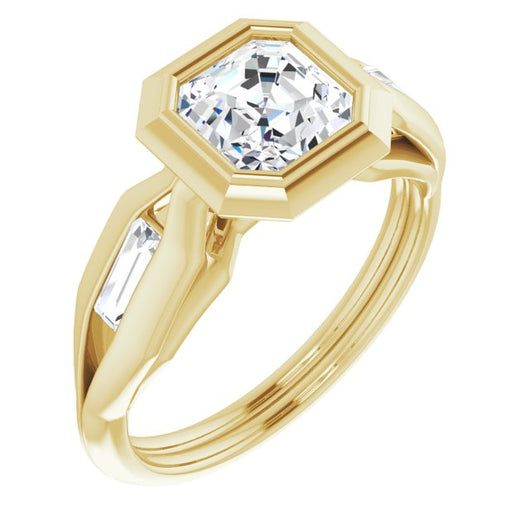 10K Yellow Gold Customizable Bezel-set Asscher Cut Design with Wide Split Band & Tension-Channel Baguette Accents