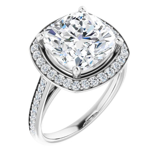 10K White Gold Customizable Cathedral-raised Cushion Cut Halo-and-Accented Band Design