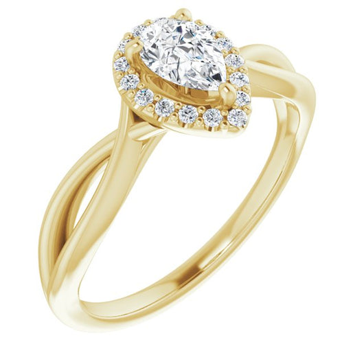 10K Yellow Gold Customizable Cathedral-Halo Pear Cut Design with Twisting Split Band