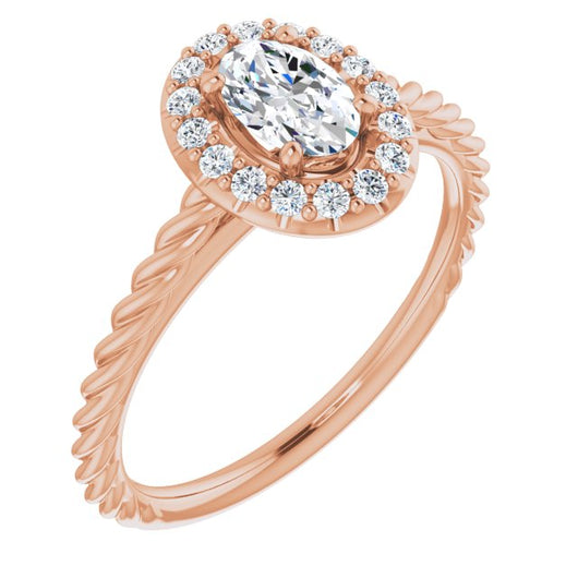 10K Rose Gold Customizable Cathedral-set Oval Cut Design with Halo and Twisty Rope Band