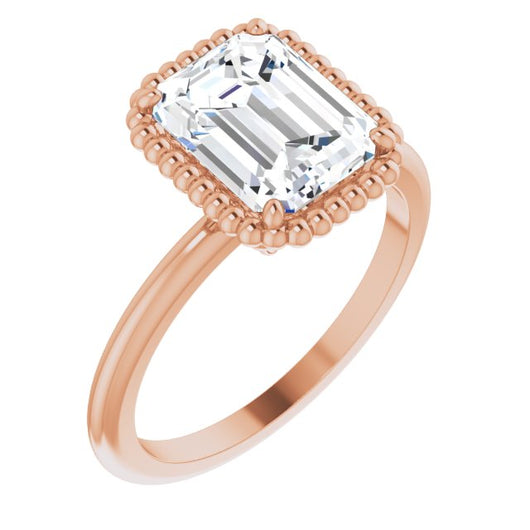 10K Rose Gold Customizable Emerald/Radiant Cut Solitaire with Beaded Metallic Milgrain