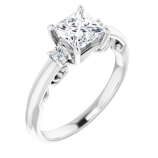 10K White Gold Customizable Princess/Square Cut 3-stone Style featuring Heart-Motif Band Enhancement