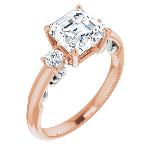 14K Rose & White Gold Customizable Asscher Cut 3-stone Style featuring Heart-Motif Band Enhancement