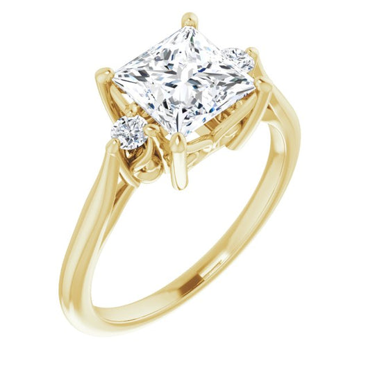 10K Yellow Gold Customizable Three-stone Princess/Square Cut Design with Small Round Accents and Vintage Trellis/Basket