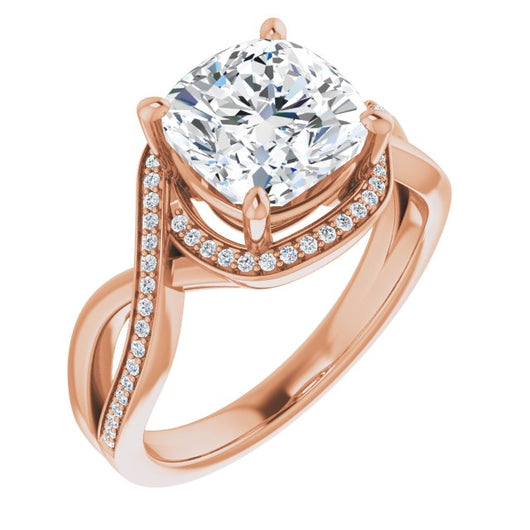 10K Rose Gold Customizable Bypass-Halo-Accented Cushion Cut Center with Twisting Split Shared Prong Band