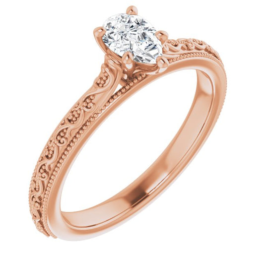 10K Rose Gold Customizable Pear Cut Solitaire with Delicate Milgrain Filigree Band