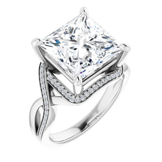 10K White Gold Customizable Bypass-Halo-Accented Princess/Square Cut Center with Twisting Split Shared Prong Band