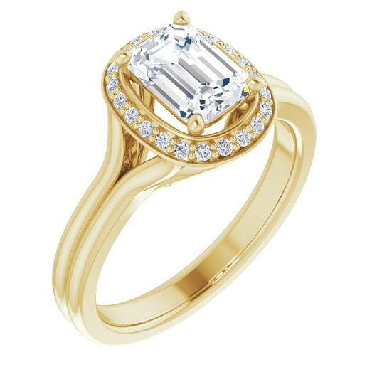 10K Yellow Gold Customizable Cathedral-set Emerald/Radiant Cut Design with Split-band & Halo Accents