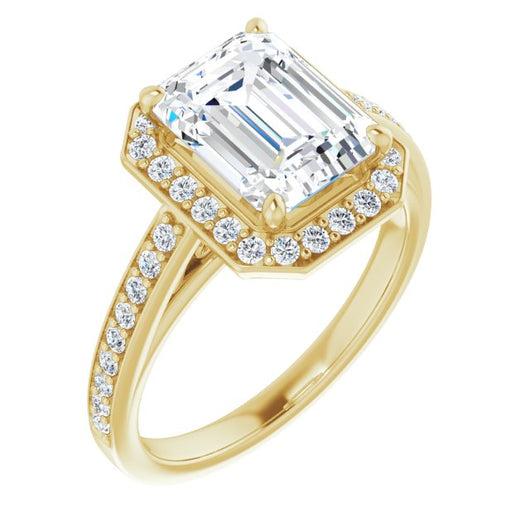 10K Yellow Gold Customizable Emerald/Radiant Cut Style with Halo and Sculptural Trellis