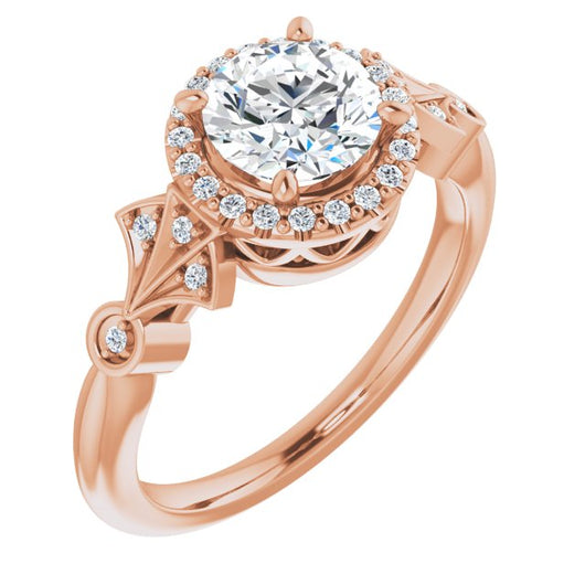 10K Rose Gold Customizable Cathedral-Crown Round Cut Design with Halo and Scalloped Side Stones