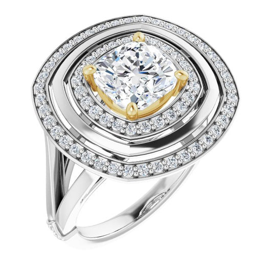 14K White & Yellow Gold Customizable Cushion Cut Oversized 2x Halo Style with Knuckle Accented Split Band