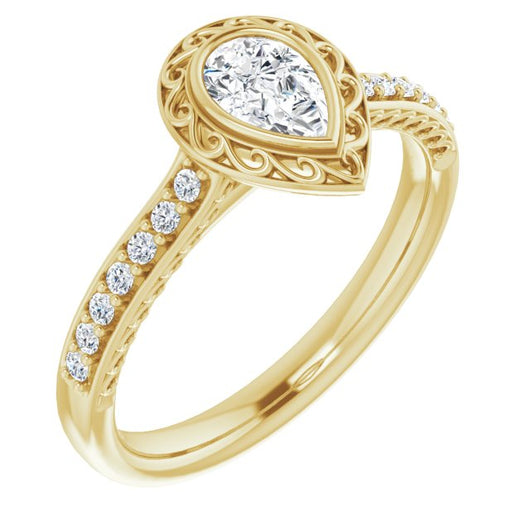 10K Yellow Gold Customizable Cathedral-Bezel Pear Cut Design featuring Accented Band with Filigree Inlay