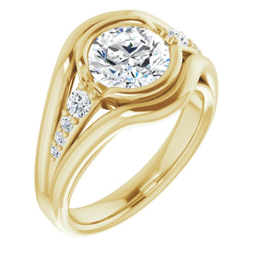 10K Yellow Gold Customizable 9-stone Round Cut Design with Bezel Center, Wide Band and Round Prong Side Stones