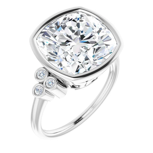 10K White Gold Customizable 7-stone Cushion Cut Style with Triple Round-Bezel Accent Cluster Each Side