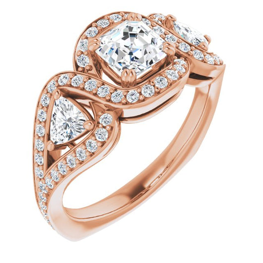 10K Rose Gold Customizable Asscher Cut Center with Twin Trillion Accents, Twisting Shared Prong Split Band, and Halo