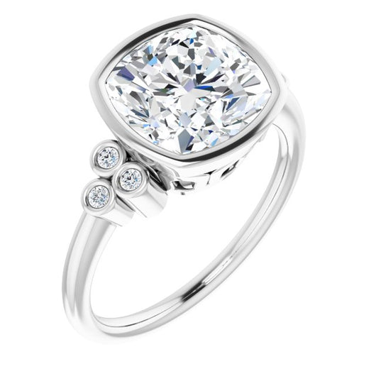 10K White Gold Customizable 7-stone Cushion Cut Style with Triple Round-Bezel Accent Cluster Each Side