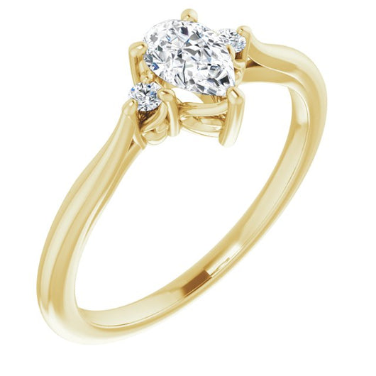 10K Yellow Gold Customizable Three-stone Pear Cut Design with Small Round Accents and Vintage Trellis/Basket