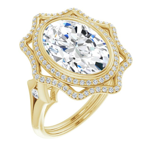 10K Yellow Gold Customizable Cathedral-bezel Oval Cut Design with Floral Double Halo and Channel-Accented Split Band