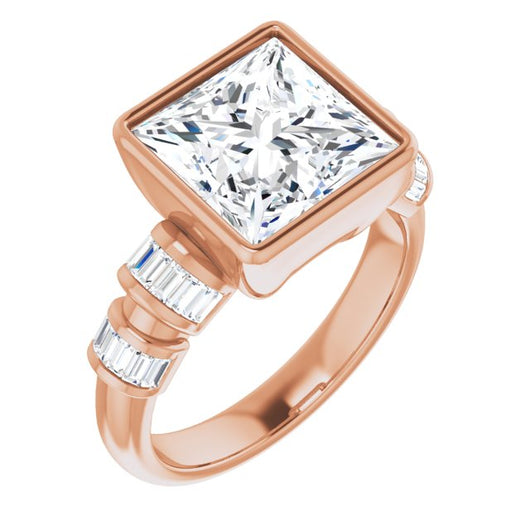 10K Rose Gold Customizable Bezel-set Princess/Square Cut Design with Quad Horizontal Band Sleeves of Baguette Accents