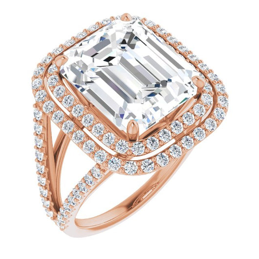 10K Rose Gold Customizable Emerald/Radiant Cut Design with Double Halo and Wide Split-Pavé Band