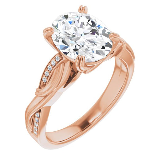 10K Rose Gold Customizable Cathedral-raised Oval Cut Design featuring Rope-Braided Half-Pavé Band