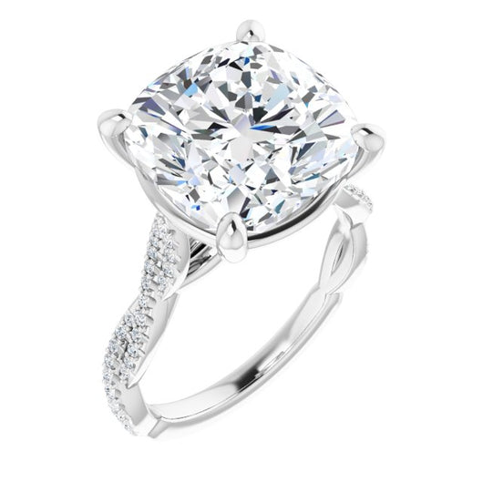 10K White Gold Customizable Cushion Cut Style with Thin and Twisted Micropavé Band