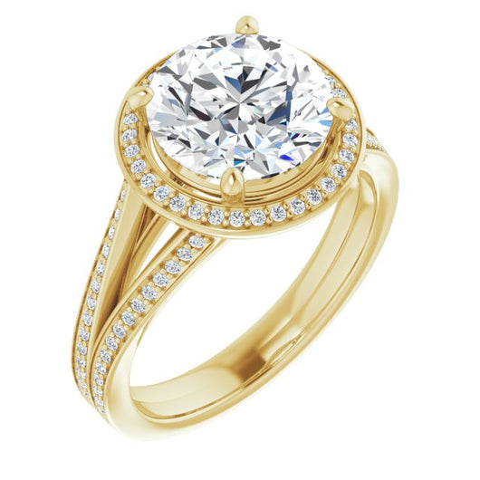 14K Yellow Gold Customizable Round Cut Design with Split-Band Shared Prong & Halo