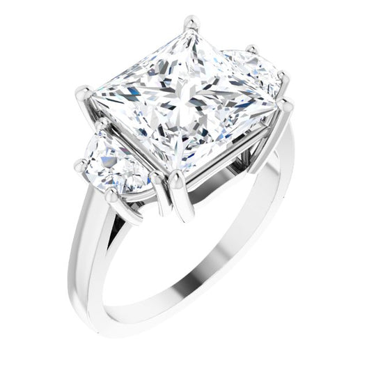 10K White Gold Customizable 3-stone Design with Princess/Square Cut Center and Half-moon Side Stones