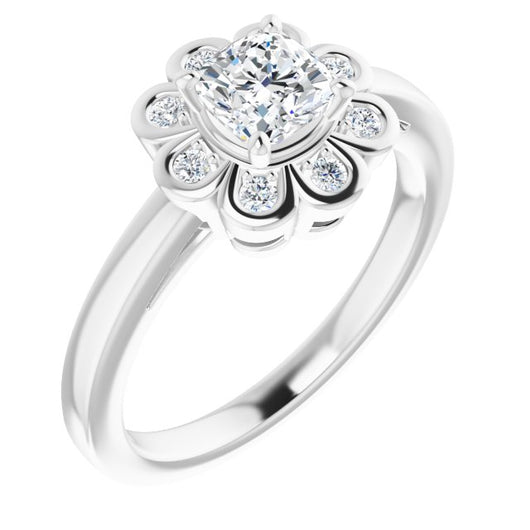 10K White Gold Customizable 9-stone Cushion Cut Design with Round Bezel Side Stones