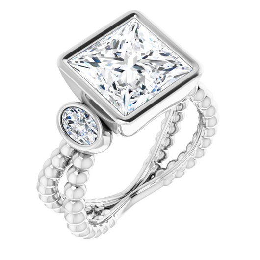 10K White Gold Customizable 3-stone Princess/Square Cut Design with 2 Oval Cut Side Stones and Wide, Bubble-Bead Split-Band