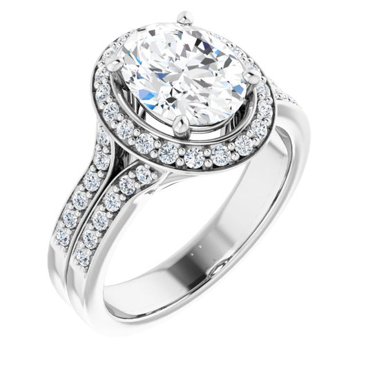 10K White Gold Customizable Oval Cut Halo Style with Accented Split-Band