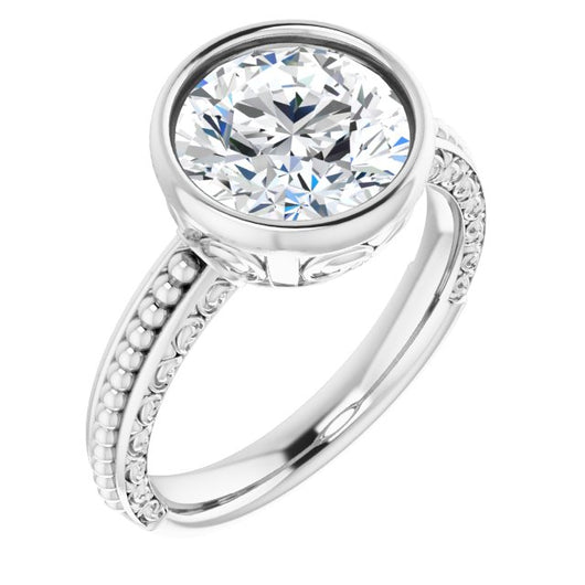 10K White Gold Customizable Bezel-set Round Cut Solitaire with Beaded and Carved Three-sided Band