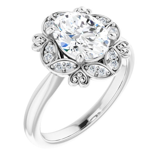 10K White Gold Customizable Oval Cut Design with Floral Segmented Halo & Sculptural Basket