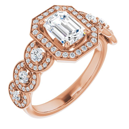 10K Rose Gold Customizable Cathedral-set Emerald/Radiant Cut 7-stone style Enhanced with 7 Halos