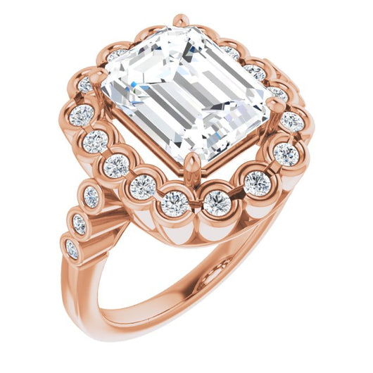 10K Rose Gold Customizable Emerald/Radiant Cut Design with Round-bezel Halo and Band Accents