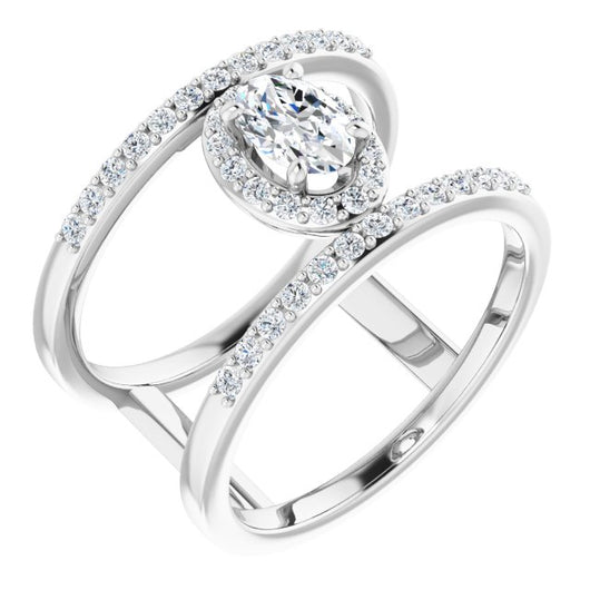 10K White Gold Customizable Oval Cut Halo Design with Open, Ultrawide Harness Double Pavé Band